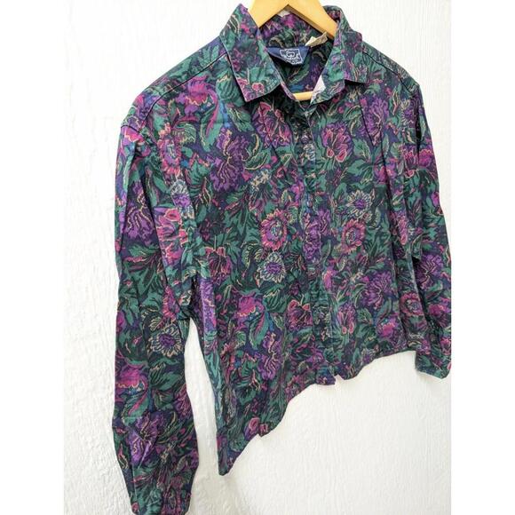 Vtg The Woolrich Woman Purple Floral Button Up Cropped Top Shirt Cotton Medium - Picture 2 of 4